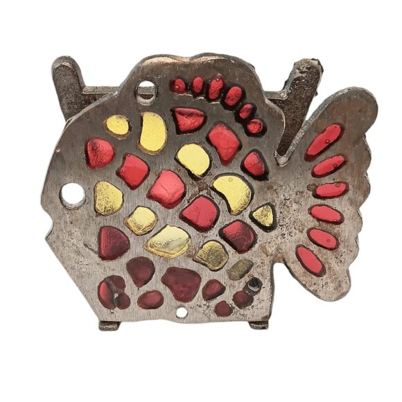 Vintage Cast Iron Fish Napkin Holder Letter Organizer Stained Glass Acrylic - Picture 9 of 9